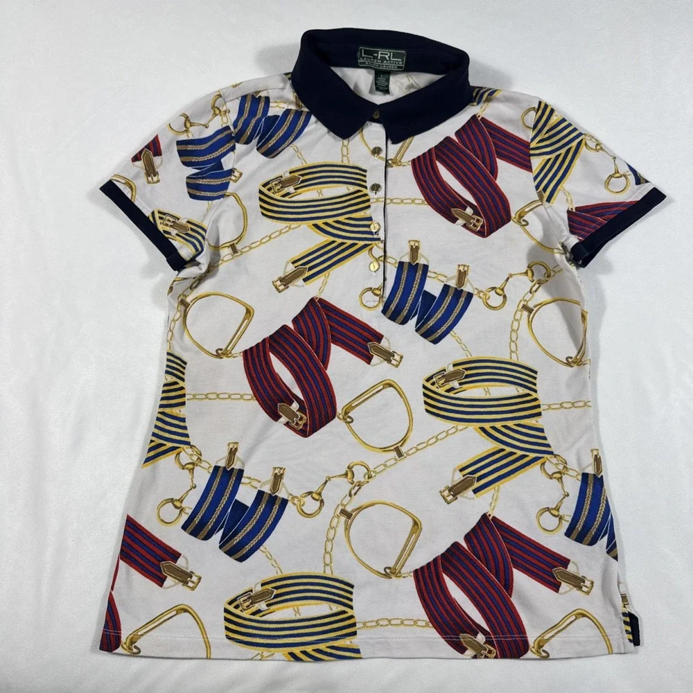 VTG Lauren Ralph Lauren Active Polo Shirt Women Large Equestrian Chain SS‎